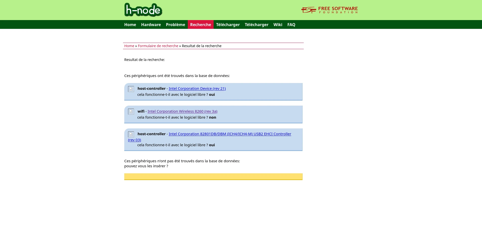 Le résultat de recherche lspci de h-node montrant que mon adaptateur Wi-Fi n'est pas compatible avec le logiciel libre