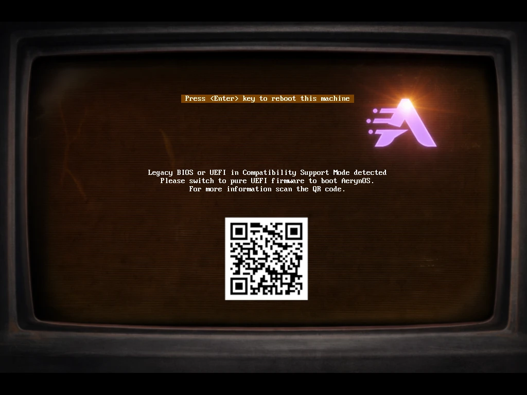 The screen displayed by AerynOS Live when BIOS or UEFI with CSM is used