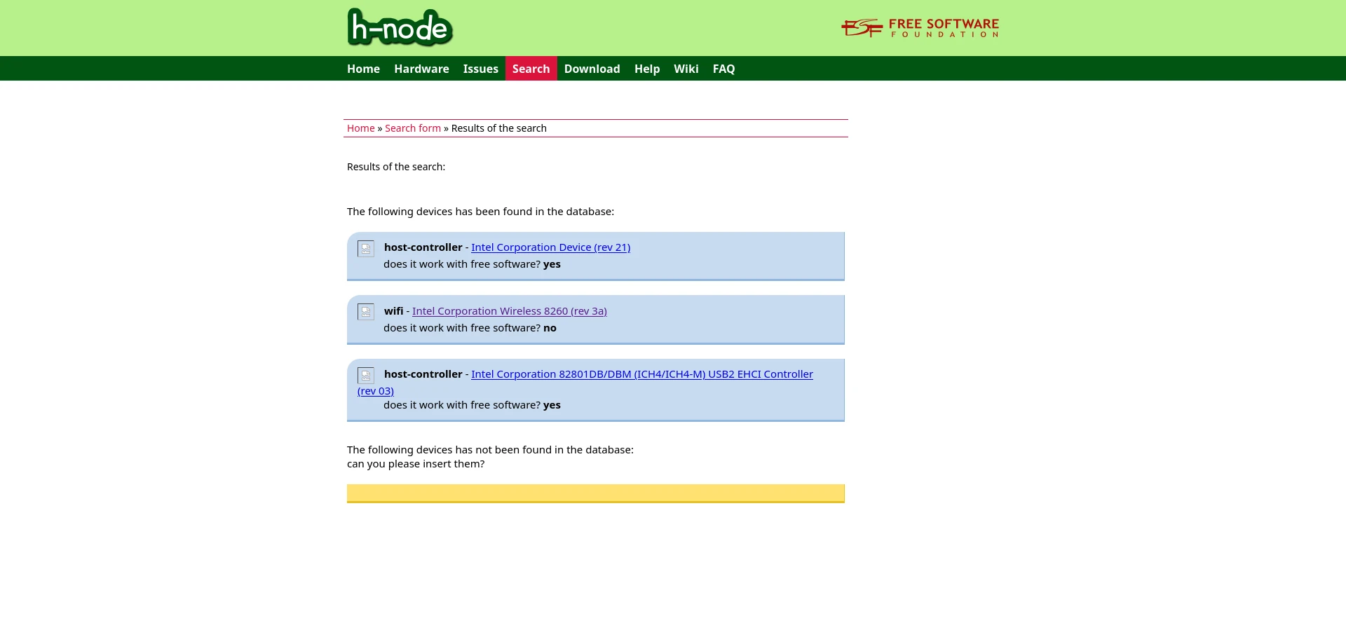 The h-node lspci search result showing my Wi-Fi adapter is not free-compatible