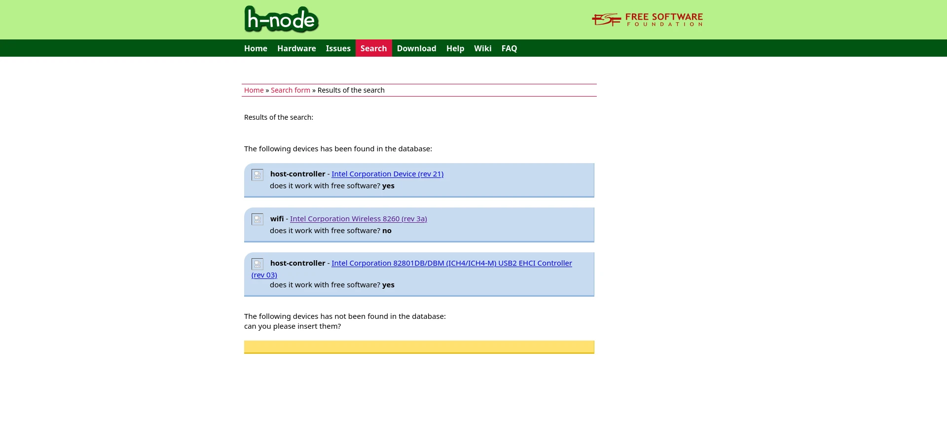 The h-node lspci search result showing that my Wi-Fi adapter is not free-compatible